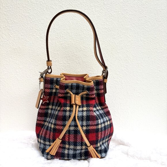 Vintage Coach Holiday Plaid Drawstring Bucket & Wristlet Set - 100% Wool in EUC - Picture 3 of 16